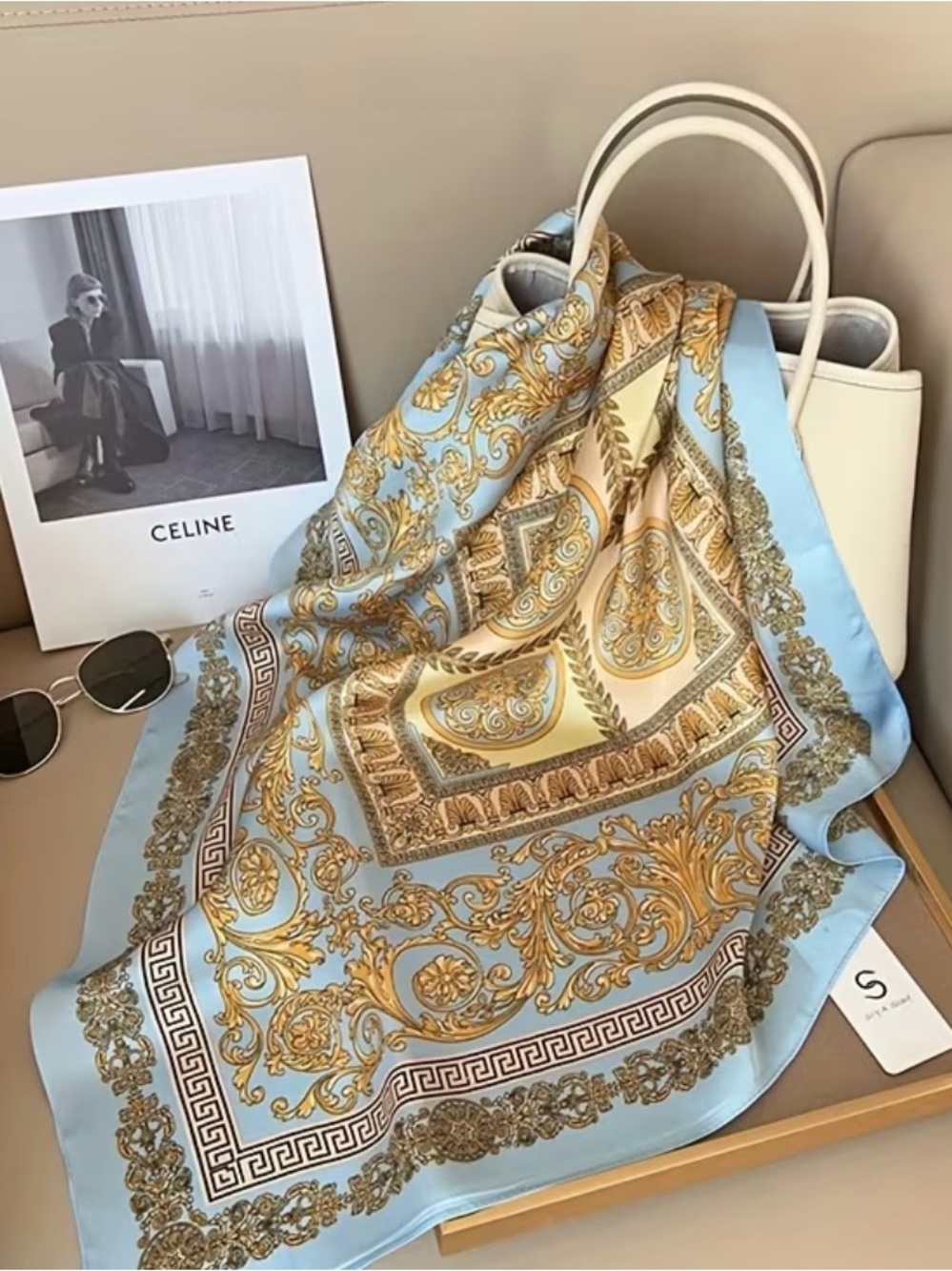 Silk Baroque Print Scarf in Cream, Light Blue & Brown